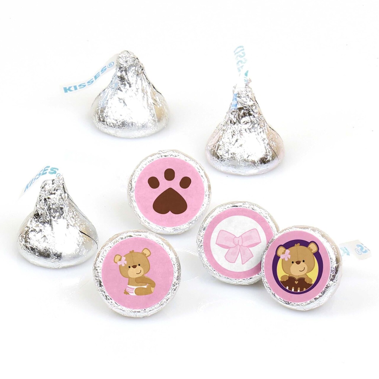 Big Dot of Happiness Baby Girl Teddy Bear - Baby Shower or Birthday Party Round Candy Sticker Favors - Labels Fits Chocolate Candy (1 sheet of 108)